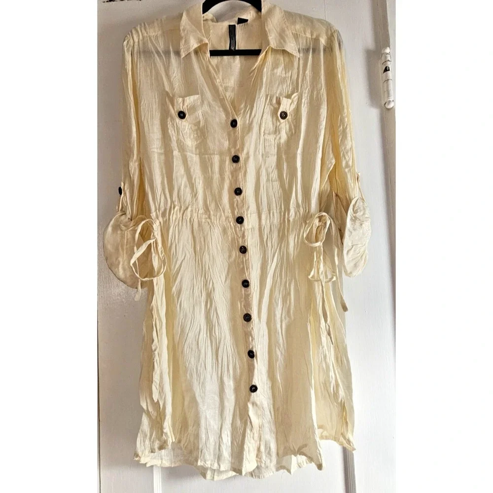 NWT NINE WEST Marina‎ Crinkled roll tab sleeves shirt dress cinched waist M
